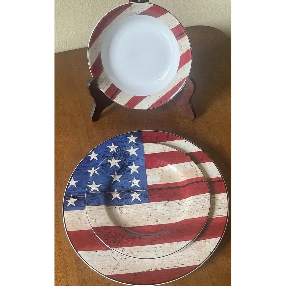 Vintage Warren Kimble Colonial Set Dinner & Salad Plates‎ & Bowl American Flag 2